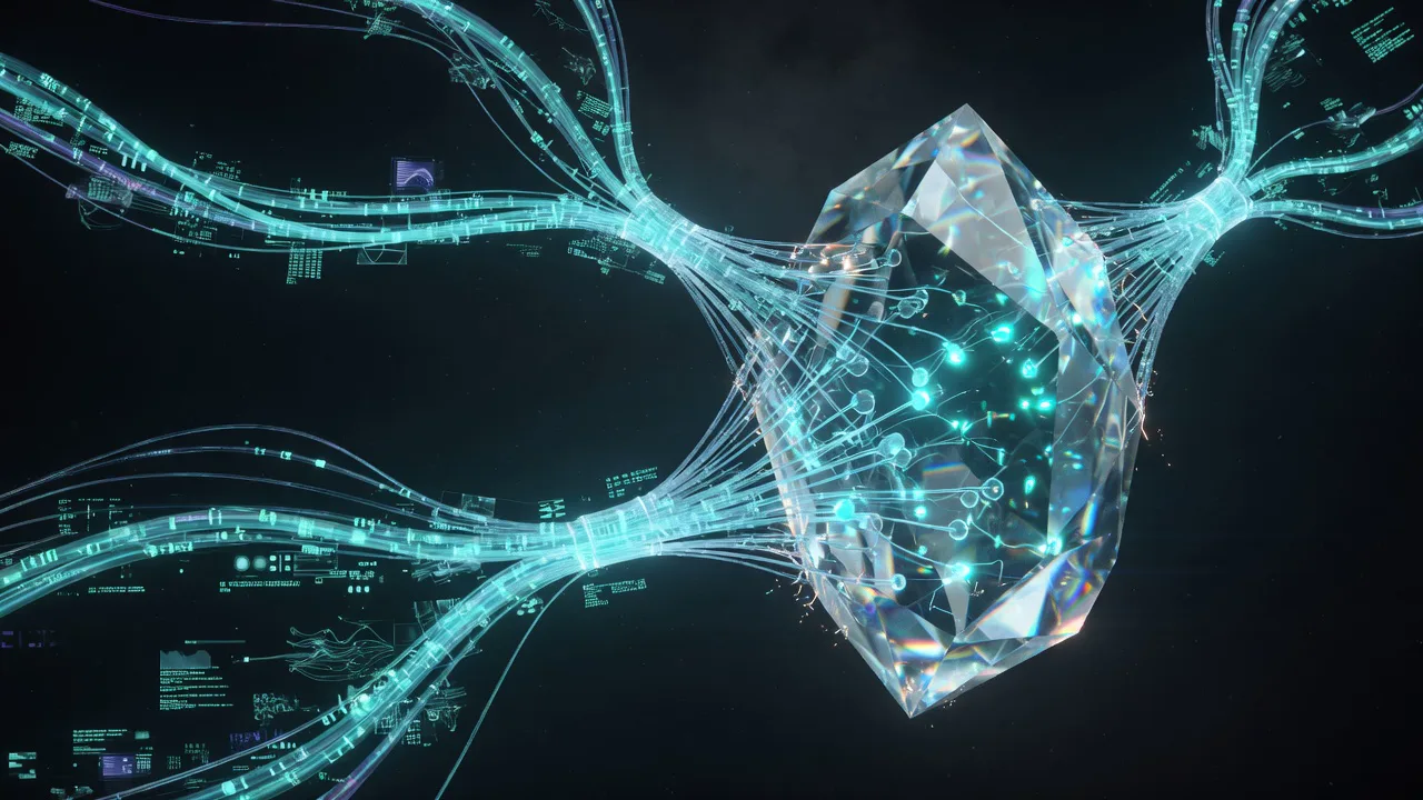 Streams of training data flowing into a crystalline neural core