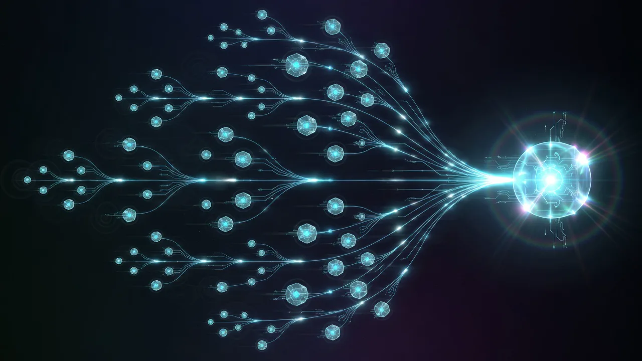 Evolutionary tree of glowing nodes converging into one champion node