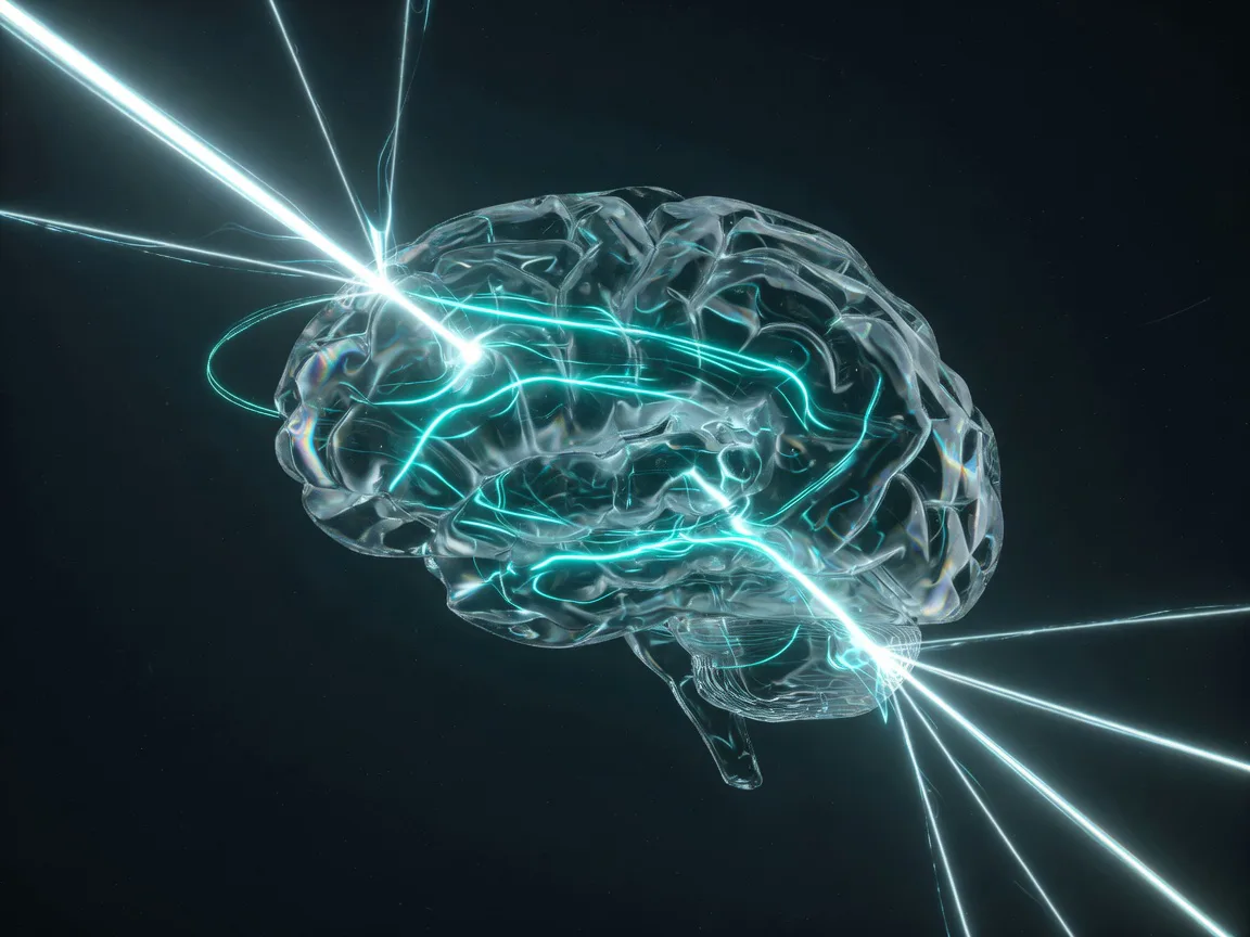 A stream of light precisely bent by glowing field lines inside a glass brain