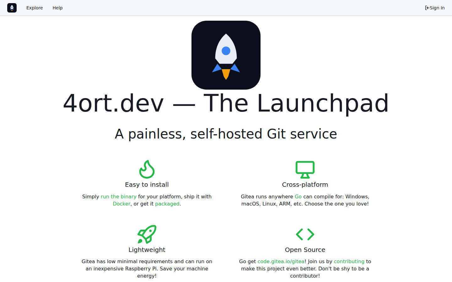 Live screenshot of 4ort.dev: the launchpad, self-hosted