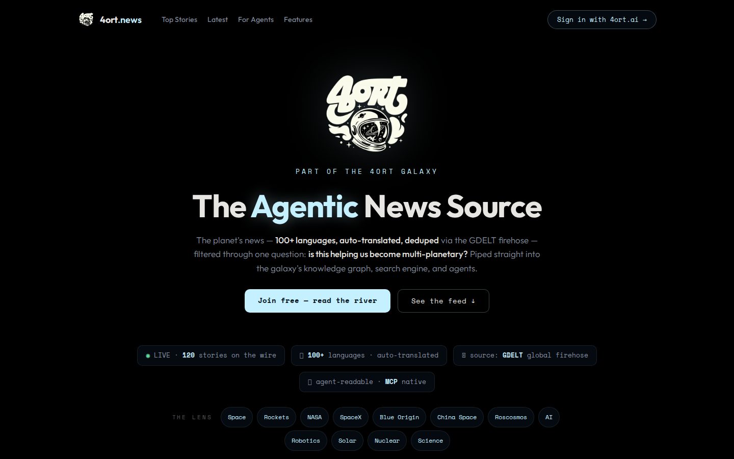 Live screenshot of 4ort.news — the agentic news source